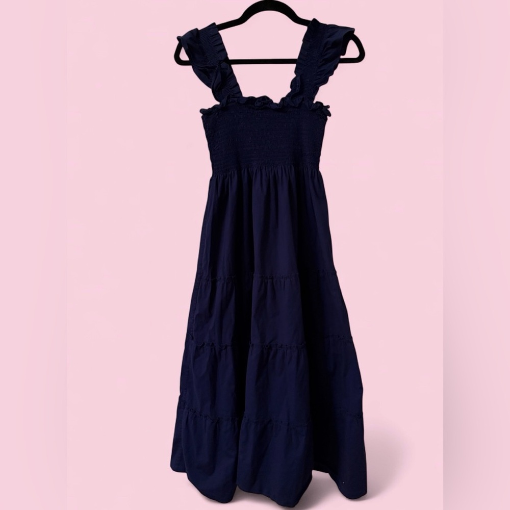 Hill House Home Navy Smocked Ruffle Strap Maxi Dress Nap Dress XS